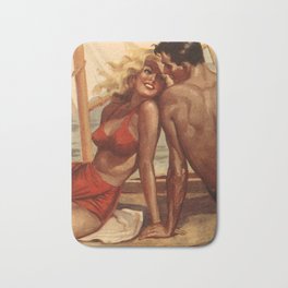 Windsurfing - Vintage couple - Woman in Red Swimsuit - Retro comic book cover Bath Mat | Lovers, Blondewoman, Boattrip, Vintagecouple, Retroman, Summerscene, Comicbook, Girl, Ocean, Lovescene 