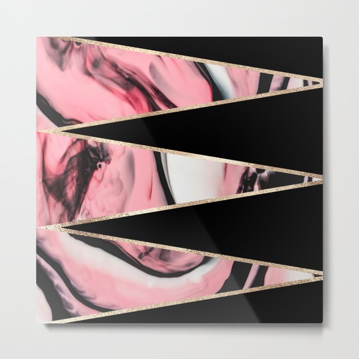 Pink Painted Marble Black Geometric Triangles Metal Print