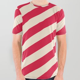 [ Thumbnail: Beige & Crimson Colored Lined/Striped Pattern All Over Graphic Tee ]
