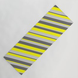 [ Thumbnail: Dim Grey, Yellow & Light Gray Colored Stripes/Lines Pattern Yoga Mat ]
