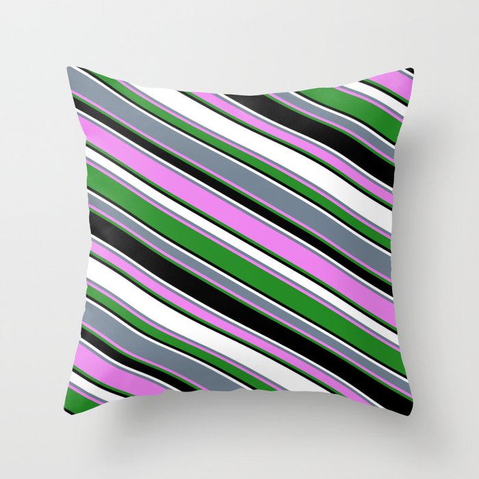 Vibrant Slate Gray, Violet, Forest Green, Black, and White Colored Stripes Pattern Throw Pillow