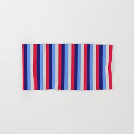 [ Thumbnail: Light Gray, Cornflower Blue, Midnight Blue & Crimson Colored Stripes Pattern Hand & Bath Towel ]