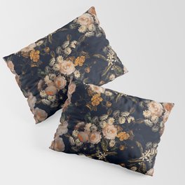 Antique Botanical Peach Roses And Chamomile Midnight Garden Pillow Sham