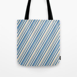 [ Thumbnail: Bisque & Blue Colored Stripes/Lines Pattern Tote Bag ]