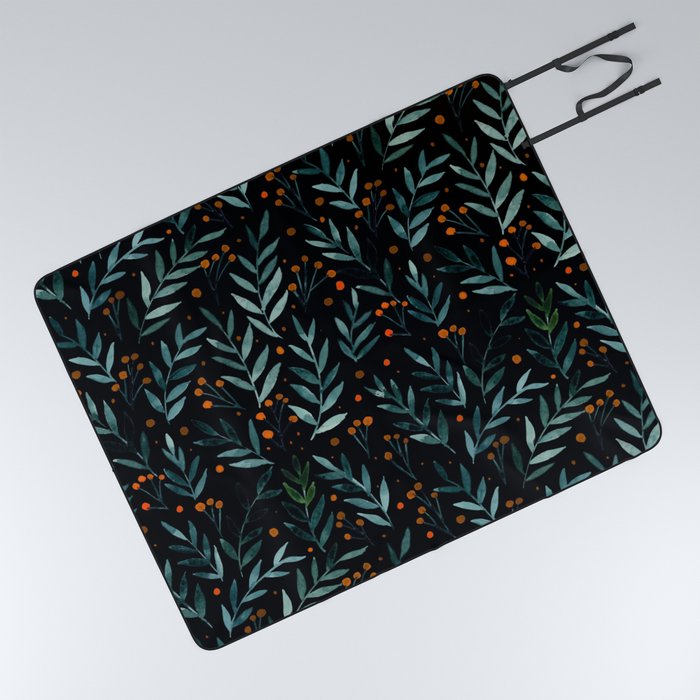 Festive watercolor branches - black, teal and orange Picnic Blanket