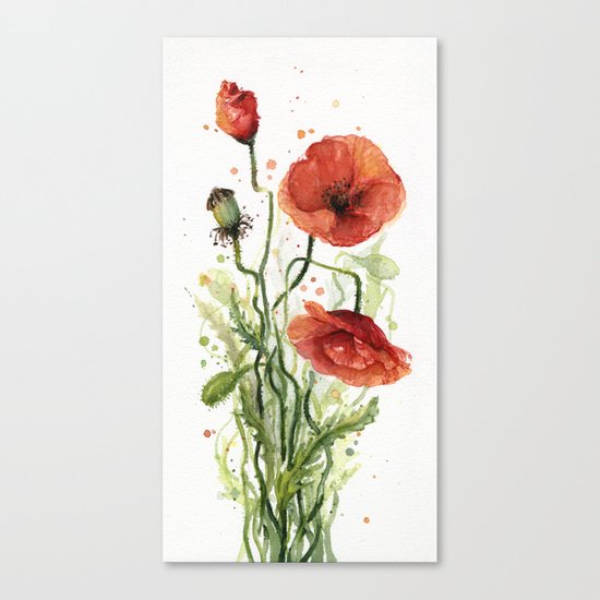 Red Poppies Watercolor Flower Floral Art Canvas Print