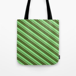 [ Thumbnail: Green and Dark Olive Green Colored Striped Pattern Tote Bag ]