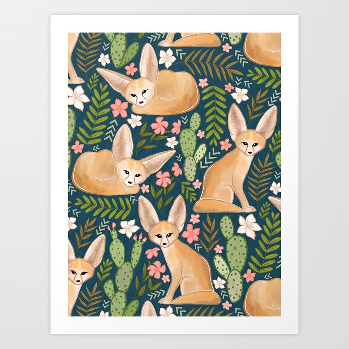  Fantastic Fennec Foxes on Navy Art Print