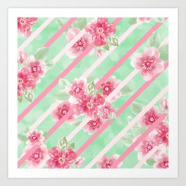 Summer Blossoms Diagonal Stripes Art Print