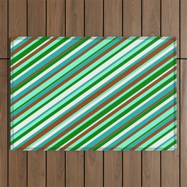 [ Thumbnail: Colorful Light Sea Green, Brown, Aquamarine, Green & Mint Cream Colored Lined/Striped Pattern Outdoor Rug ]
