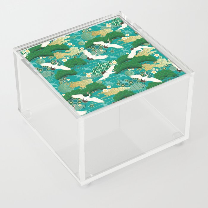 Japanese Flying Crane Aqua Mint Forest Pattern Acrylic Box