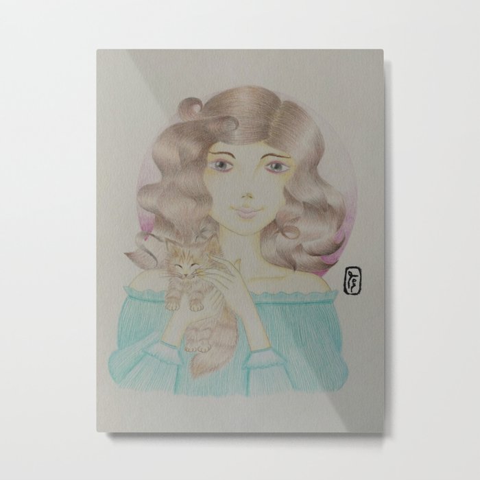 Girl with Chubby Kitten Metal Print