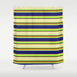 [ Thumbnail: Pale Goldenrod, Light Green, Midnight Blue & Dark Goldenrod Colored Lined/Striped Pattern Shower Curtain ]
