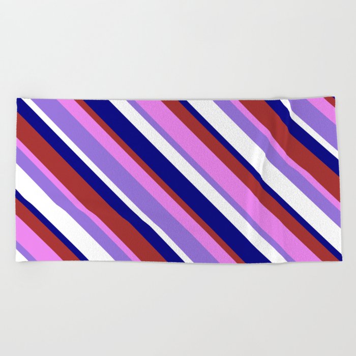 Colorful Blue, Brown, Violet, Purple & White Colored Striped Pattern Beach Towel