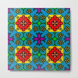 Mexican Tile 3 Metal Print | Green, Terracotta, Mexican, Graphicdesign, Spanish, Fuschia, Coral, Orange, Red, Etienne 