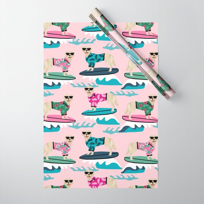 Golden Retriever Surfing - pink surfing, hibiscus, girly,  summer, beach, dog surfing, dog surf, hawaii, hawaiian, summer, cute Wrapping Paper