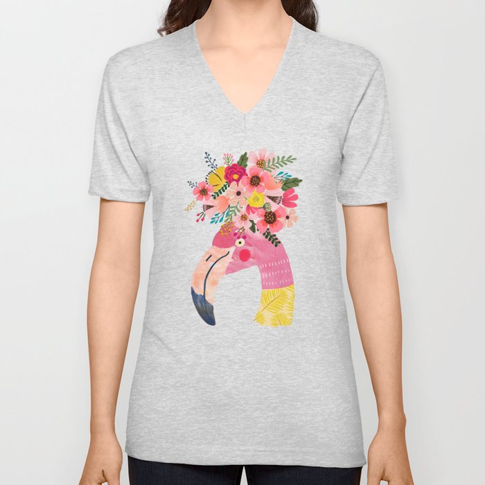 Pink flamingo with flowers on head V Neck T Shirt