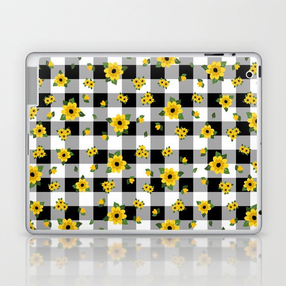 Yellow Flowers All Over - black check Laptop & iPad Skin