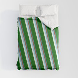 [ Thumbnail: Eyecatching Blue, Sienna, Sky Blue, Mint Cream & Dark Green Colored Stripes/Lines Pattern Comforter ]