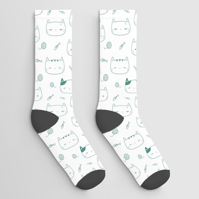 Green Blue Doodle Kitten Faces Pattern Socks