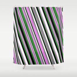 [ Thumbnail: Colorful Gray, Violet, Forest Green, Black & White Colored Striped Pattern Shower Curtain ]