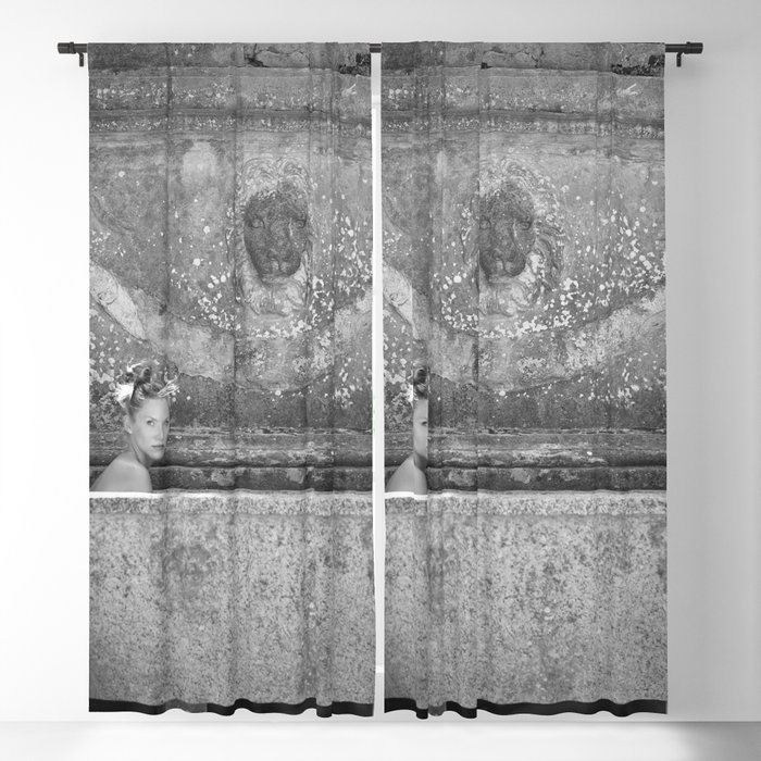 Return to innocence; blond female in ancient outdoor bathtub French countryside black and white photograph - photography - photographs Blackout Curtain