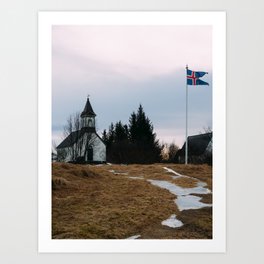 Flag of Iceland, flying beside an Icelandic Church Art Print