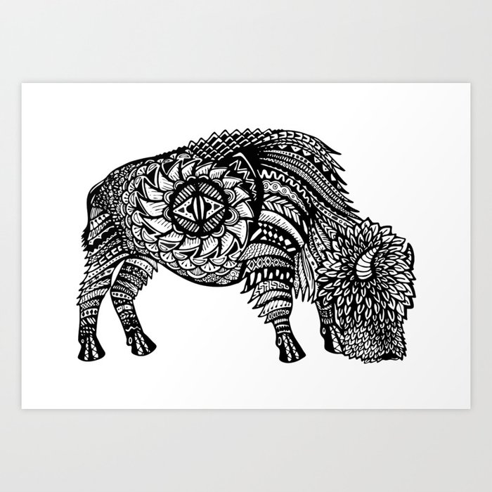 Grazing Buffalo Zentangle Abstract Doodle Art Print By
