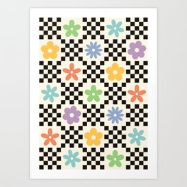 Retro Colorful Flower Double Checker Art Print