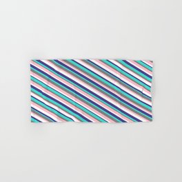 [ Thumbnail: Vibrant Gray, Pink, White, Dark Slate Blue & Turquoise Colored Striped Pattern Hand & Bath Towel ]