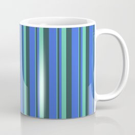 [ Thumbnail: Aquamarine, Dark Slate Gray, and Royal Blue Colored Lines/Stripes Pattern Coffee Mug ]