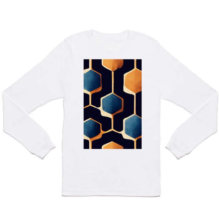 Hexagonal shapes on a dark indigo background, geometric abstract art, repeating pattern, geometric Long Sleeve T Shirt