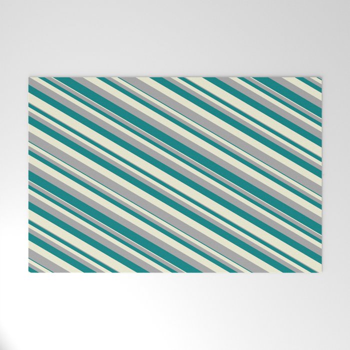 Beige, Dark Gray, and Teal Colored Pattern of Stripes Welcome Mat