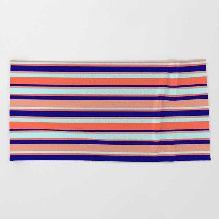 Blue, Dark Salmon, Turquoise, and Red Colored Striped/Lined Pattern Beach Towel