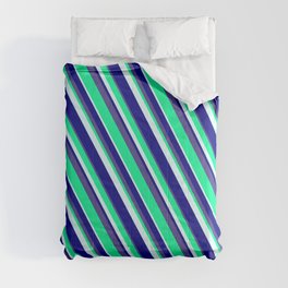 [ Thumbnail: Green, Light Cyan, Blue & Dark Slate Blue Colored Lines/Stripes Pattern Comforter ]