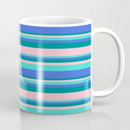 [ Thumbnail: Turquoise, Royal Blue, Dark Cyan, and Pink Colored Stripes Pattern Coffee Mug ]
