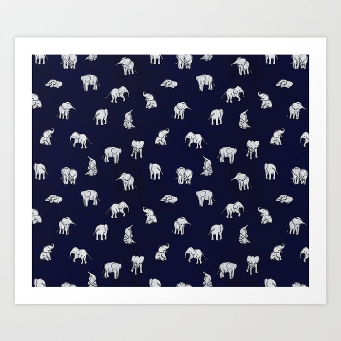 Indian Baby Elephants in Navy Art Print