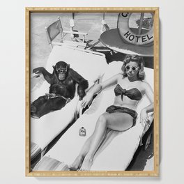 Lady and Chimp Sunbathing, Black and White, Vintage Art Serving Tray
