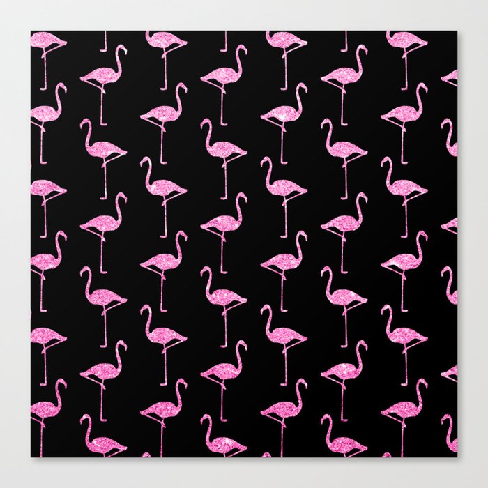 Pink Glitter Flamingo Pattern  |  Black Background Canvas Print