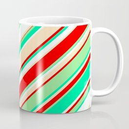 [ Thumbnail: Colorful Red, Light Green, Green, Mint Cream, and Beige Colored Striped Pattern Coffee Mug ]