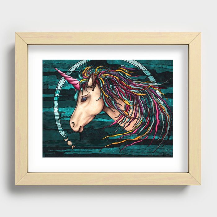 Rainbow unicorn painting, legendary creature on teal background Recessed Framed Print