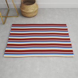 [ Thumbnail: Blue, Tan, and Maroon Colored Lined Pattern Rug ]