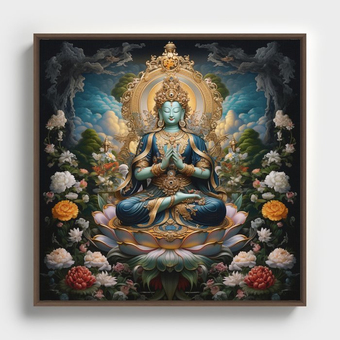 Blue Avalokiteshvara in Floral Garden Atop Lotus Flower Framed Canvas