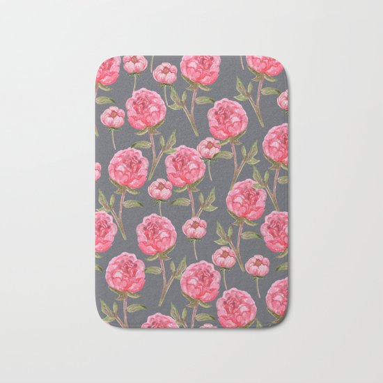 Pink Peonies On Grey Background Bath Mat