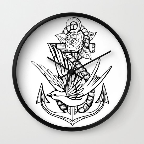 Anchor Swallow & Rose Old School Tattoo Style Wall Clock by Desha & Co. |  Society6