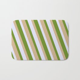 [ Thumbnail: Green, Tan & Lavender Colored Pattern of Stripes Bath Mat ]