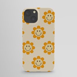 70s Retro Smiley Floral Face Pattern in yellow and beige iPhone Case