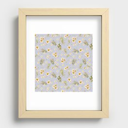 White Daisies Floral Field Pattern Light Neutral Pastel Blue Recessed Framed Print