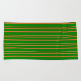 [ Thumbnail: Green & Chocolate Colored Lined/Striped Pattern Beach Towel ]