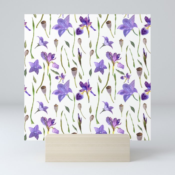 purple iris watercolor pattern Mini Art Print